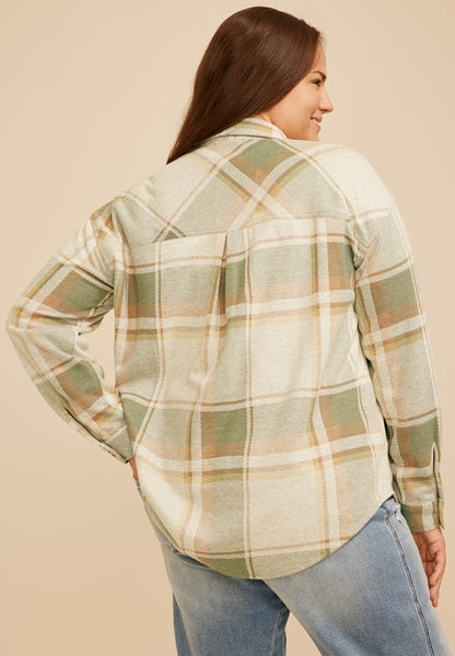 Plus Size Knit Jacquard Plaid Button Down Shirt