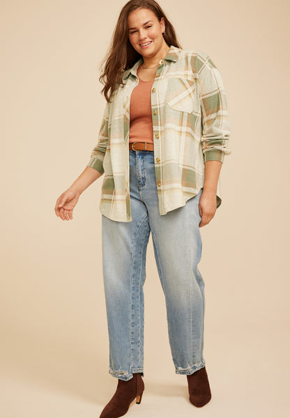 Plus Size Knit Jacquard Plaid Button Down Shirt