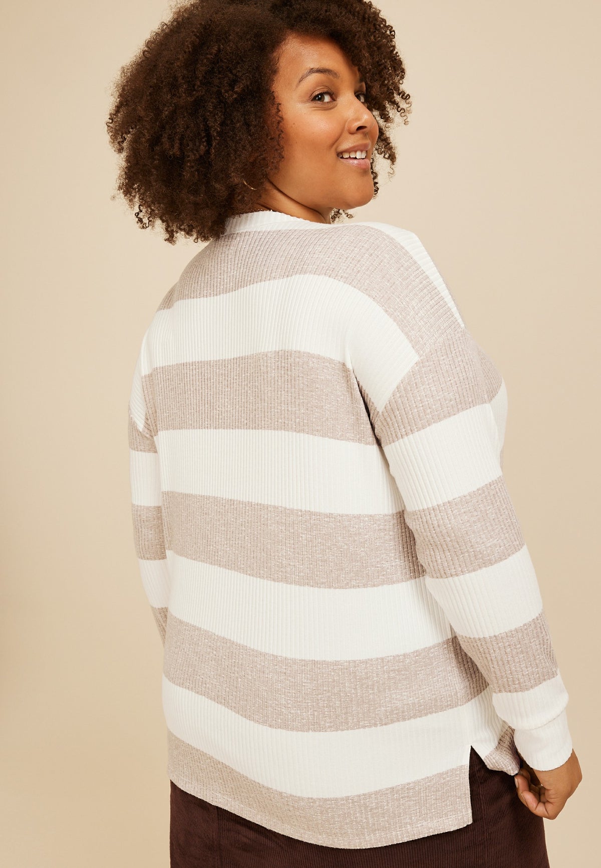 Plus Size 24/7 Cozy Rib Striped Long Sleeve Top