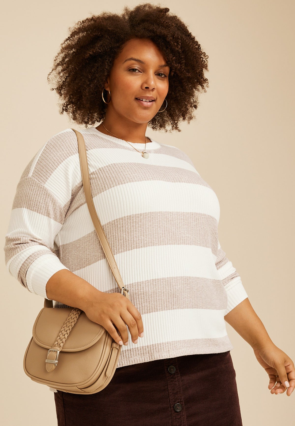 Plus Size 24/7 Cozy Rib Striped Long Sleeve Top