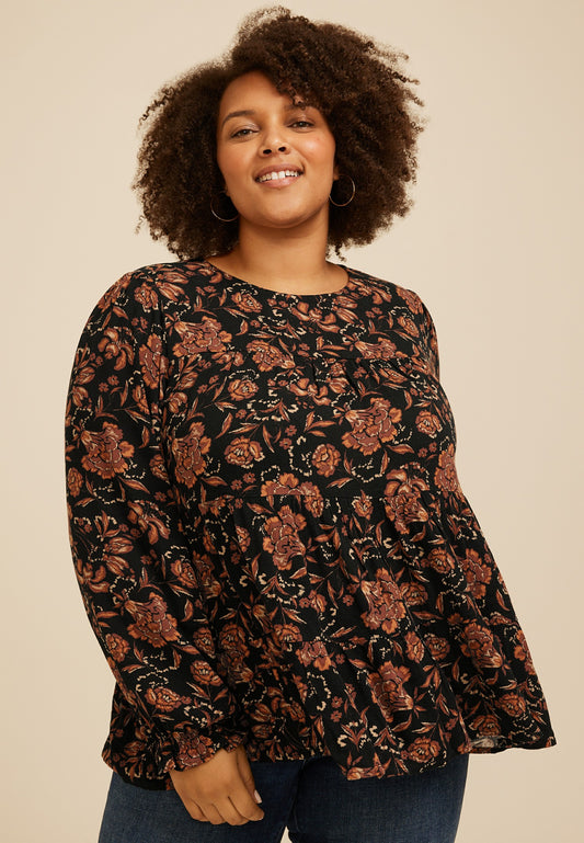 Plus Size Floral Tiered Peasant Sleeve Blouse