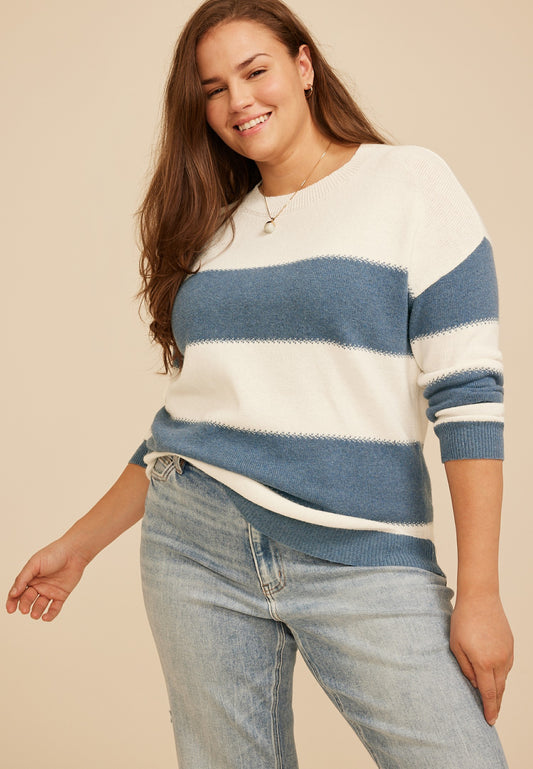 Plus Size Block Stripe Jacquard Stitch Sweater