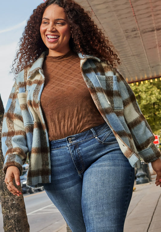 Plus Size Brushed Plaid Jacket