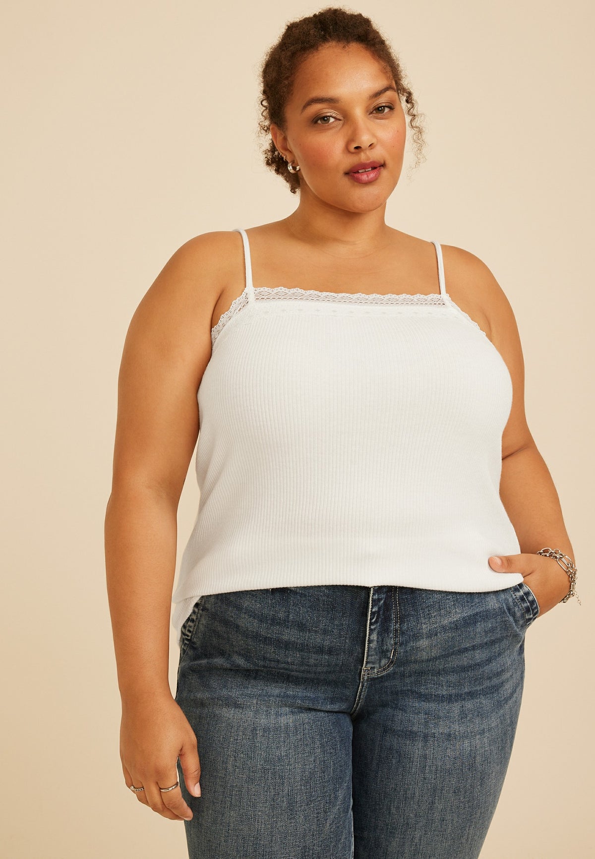 Plus Size Square Neck Lace Trim Rib Cami