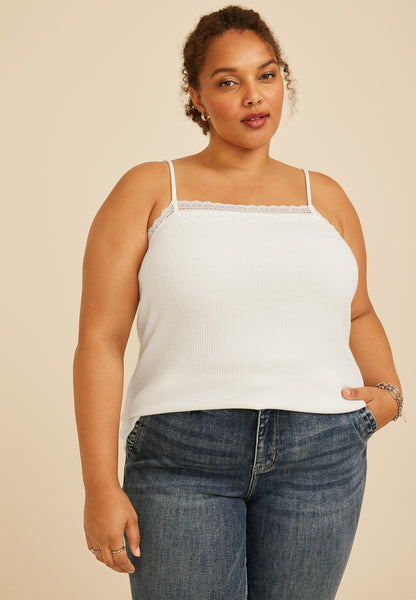 Plus Size Square Neck Lace Trim Rib Cami