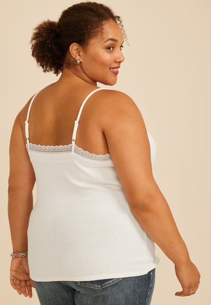 Plus Size Square Neck Lace Trim Rib Cami
