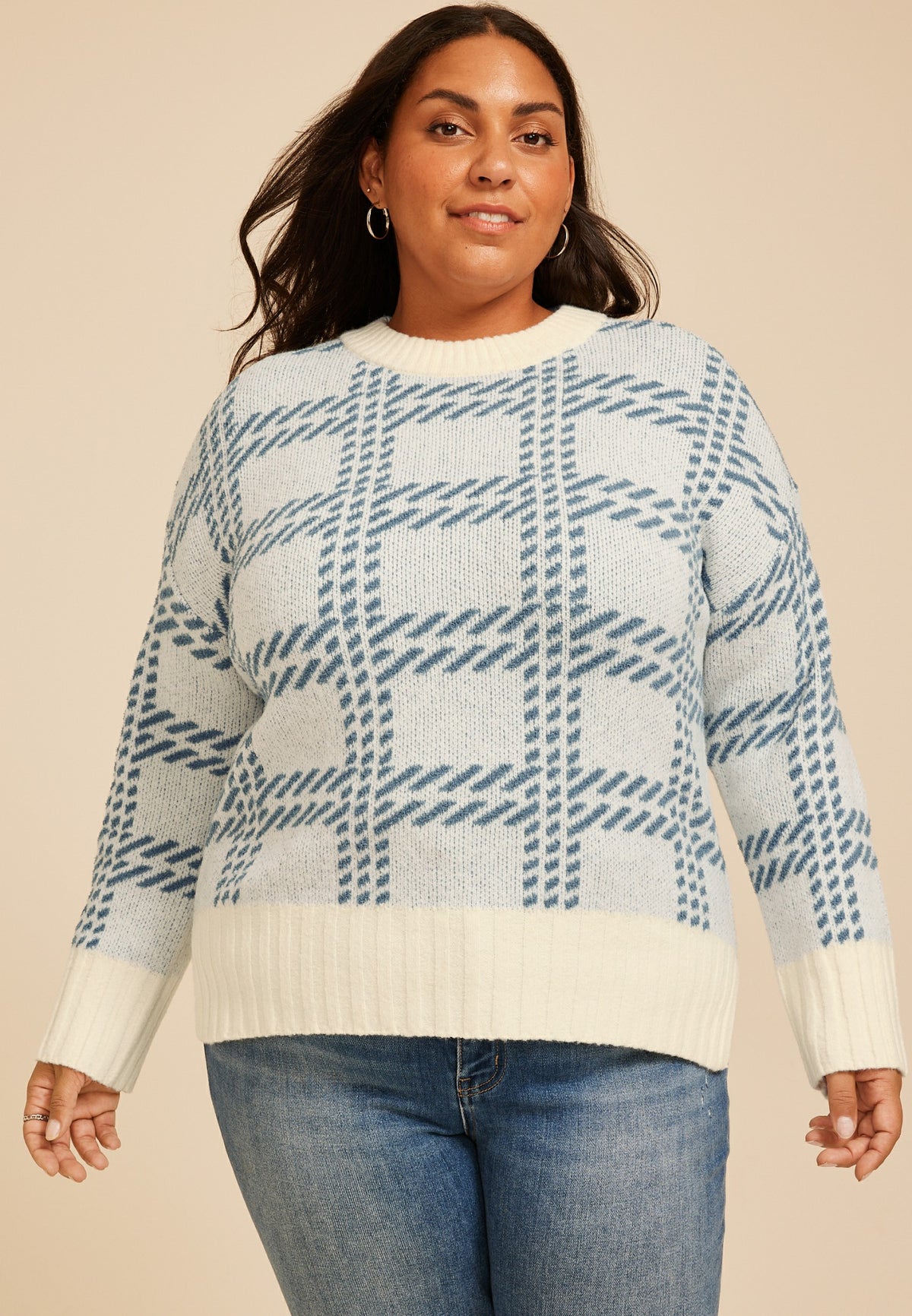 Plus Size Plaid Crew Neck Sweater