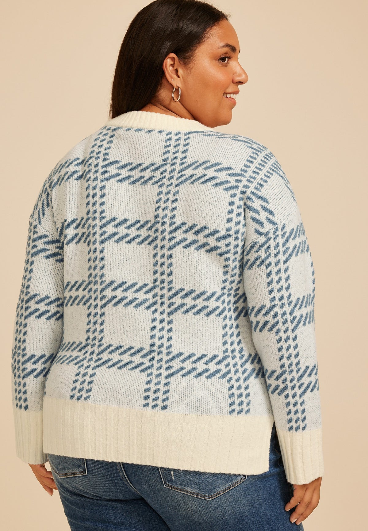 Plus Size Plaid Crew Neck Sweater