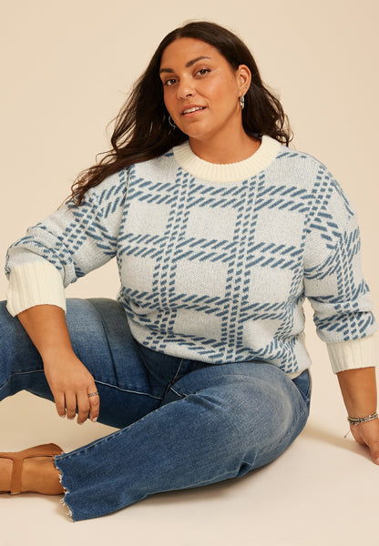 Plus Size Plaid Crew Neck Sweater