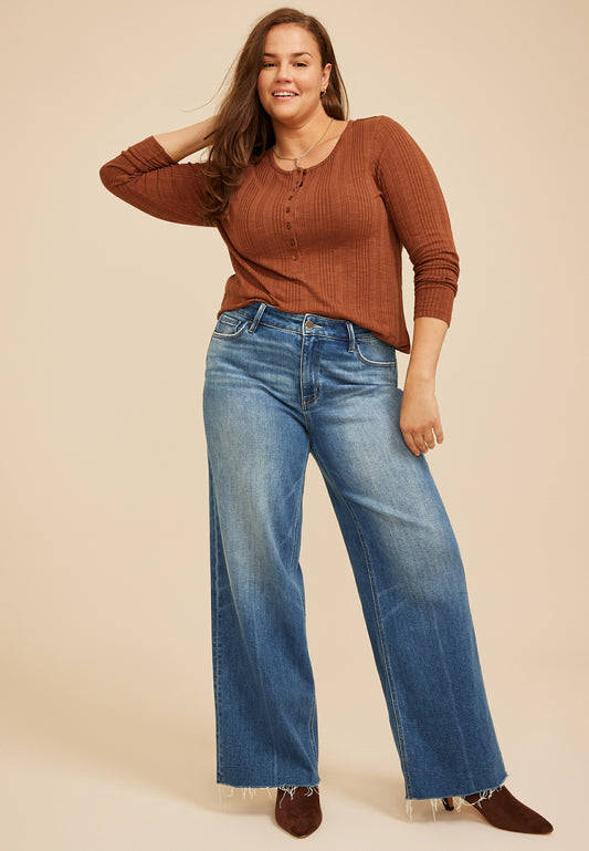 Plus Size Flying Monkey™ Mid Rise Raw Hem Wide Leg Jeans