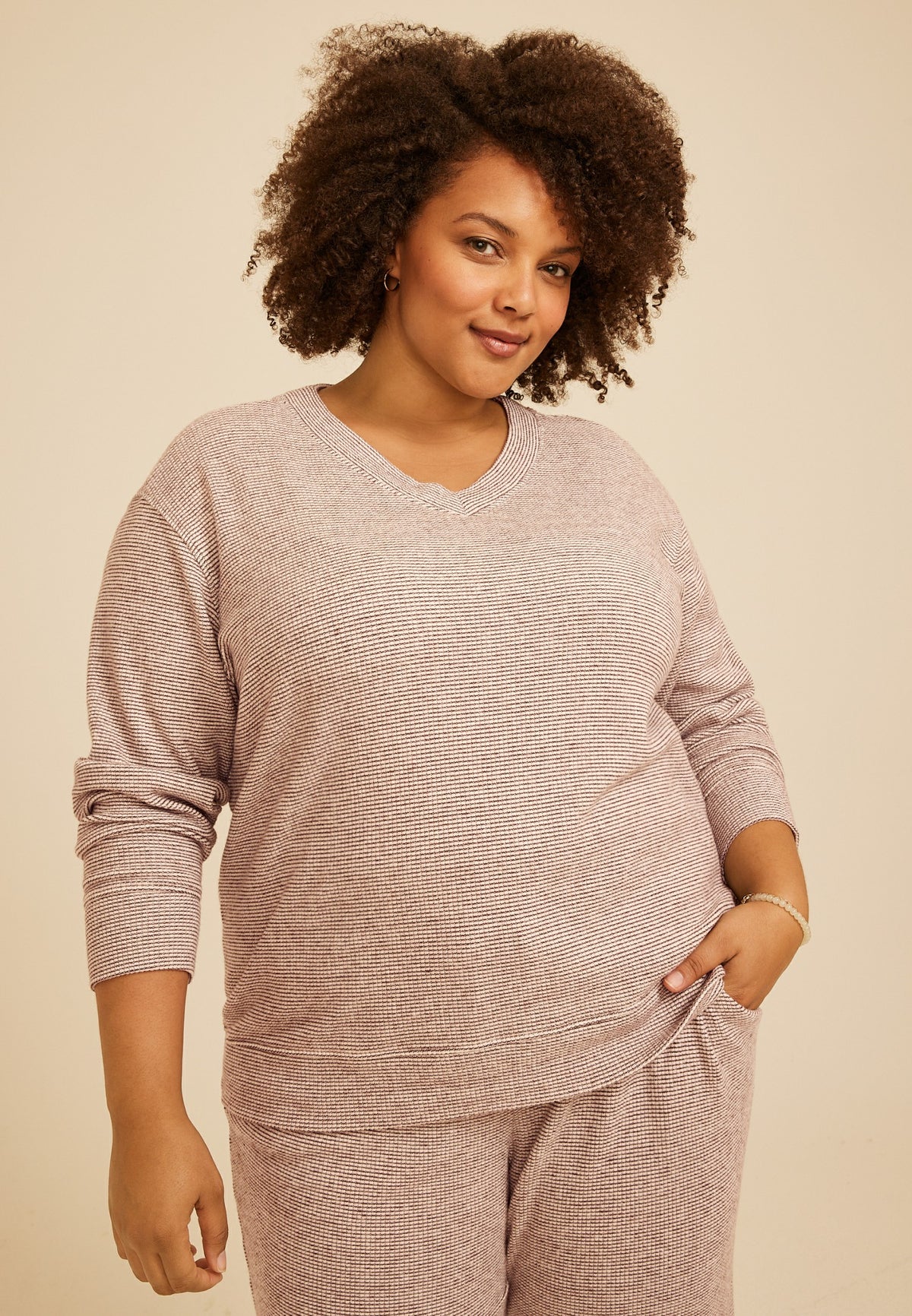 Plus Size Cozy Stripe Waffle Knit V Neck Top