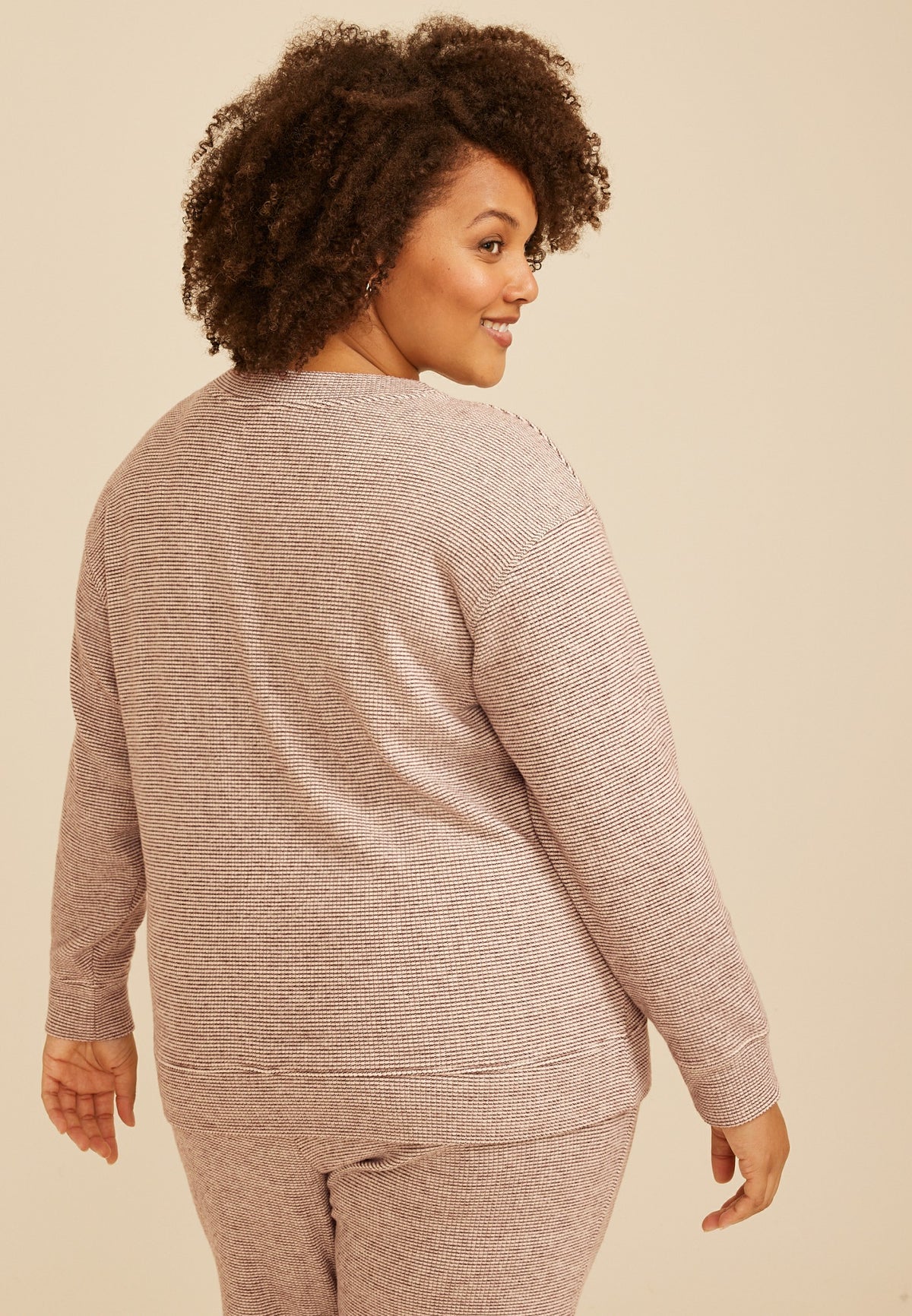 Plus Size Cozy Stripe Waffle Knit V Neck Top