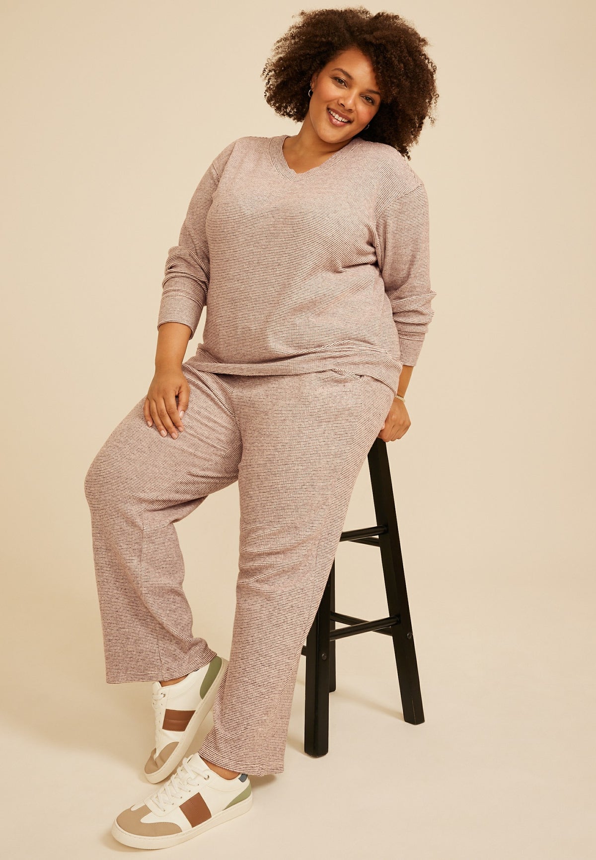 Plus Size Cozy Stripe Waffle Knit V Neck Top