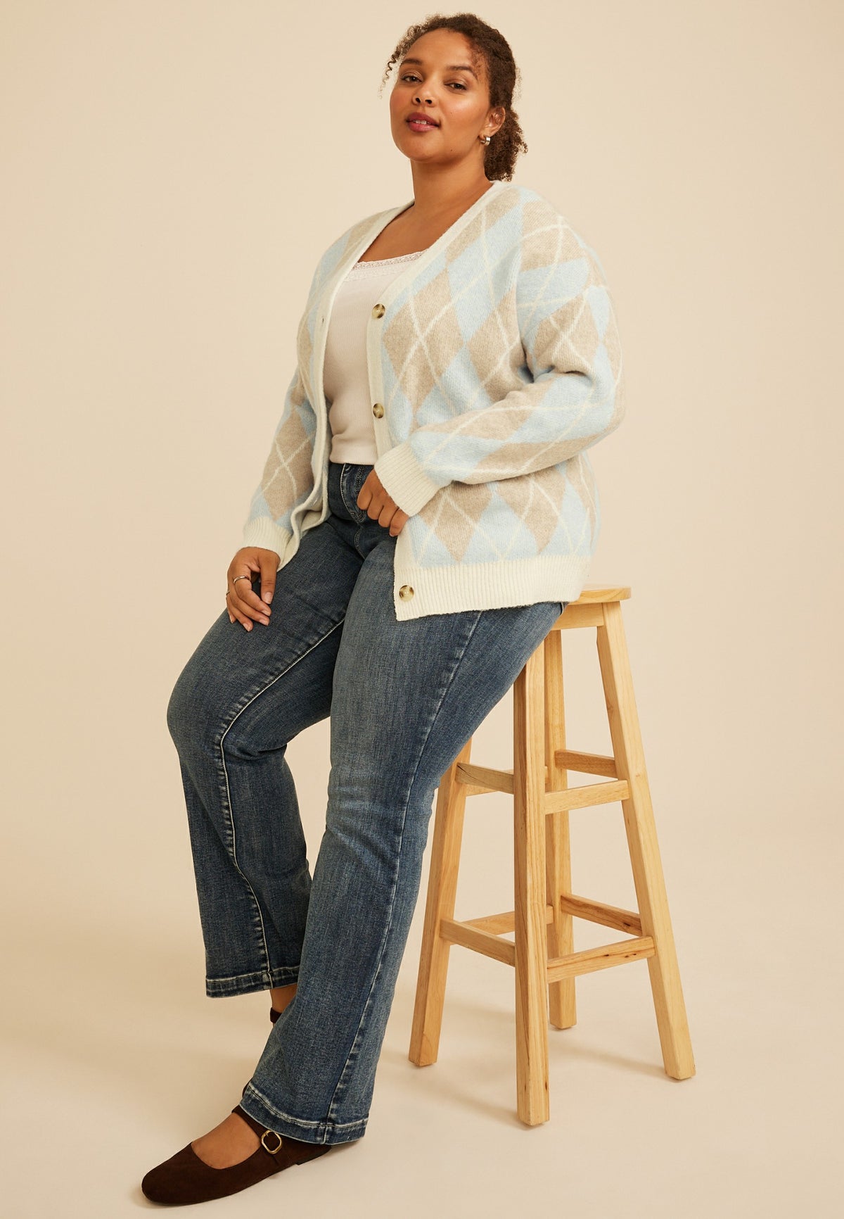 Plus Size Argyle Button Front Cardigan