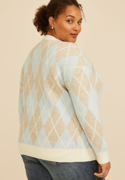 Plus Size Argyle Button Front Cardigan