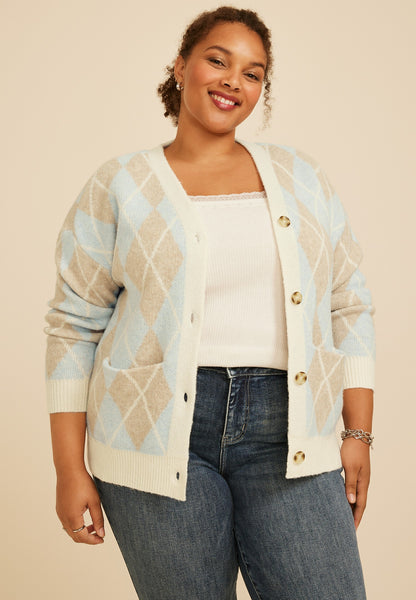 Plus Size Argyle Button Front Cardigan