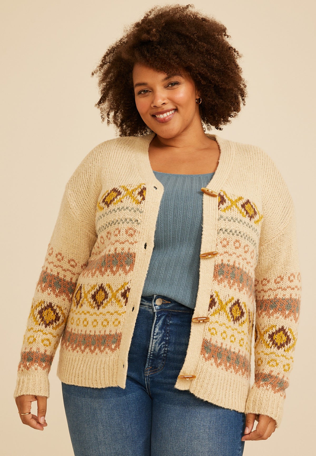 Plus Size Southwest Fair Isle Toggle Cardigan