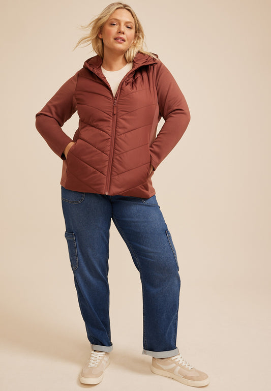 Plus Size Hooded Knit Sleeve Puffer Jacket