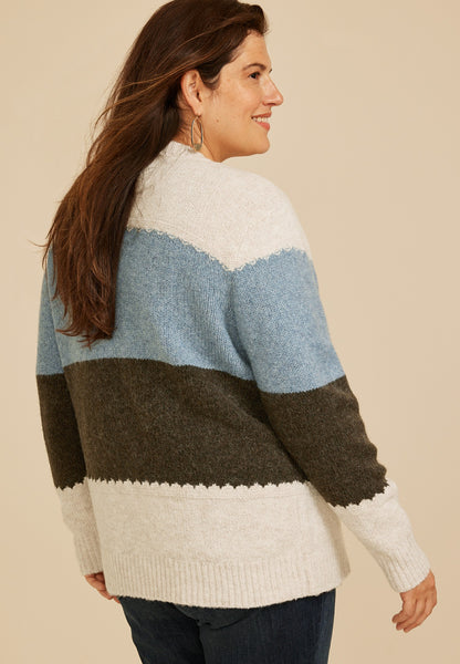 Plus Size Colorblock Crew Neck Button Front Cardigan