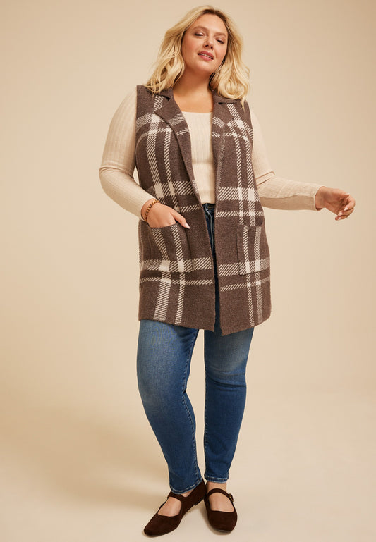 Plus Size Plaid Duster Length Open Front Vest