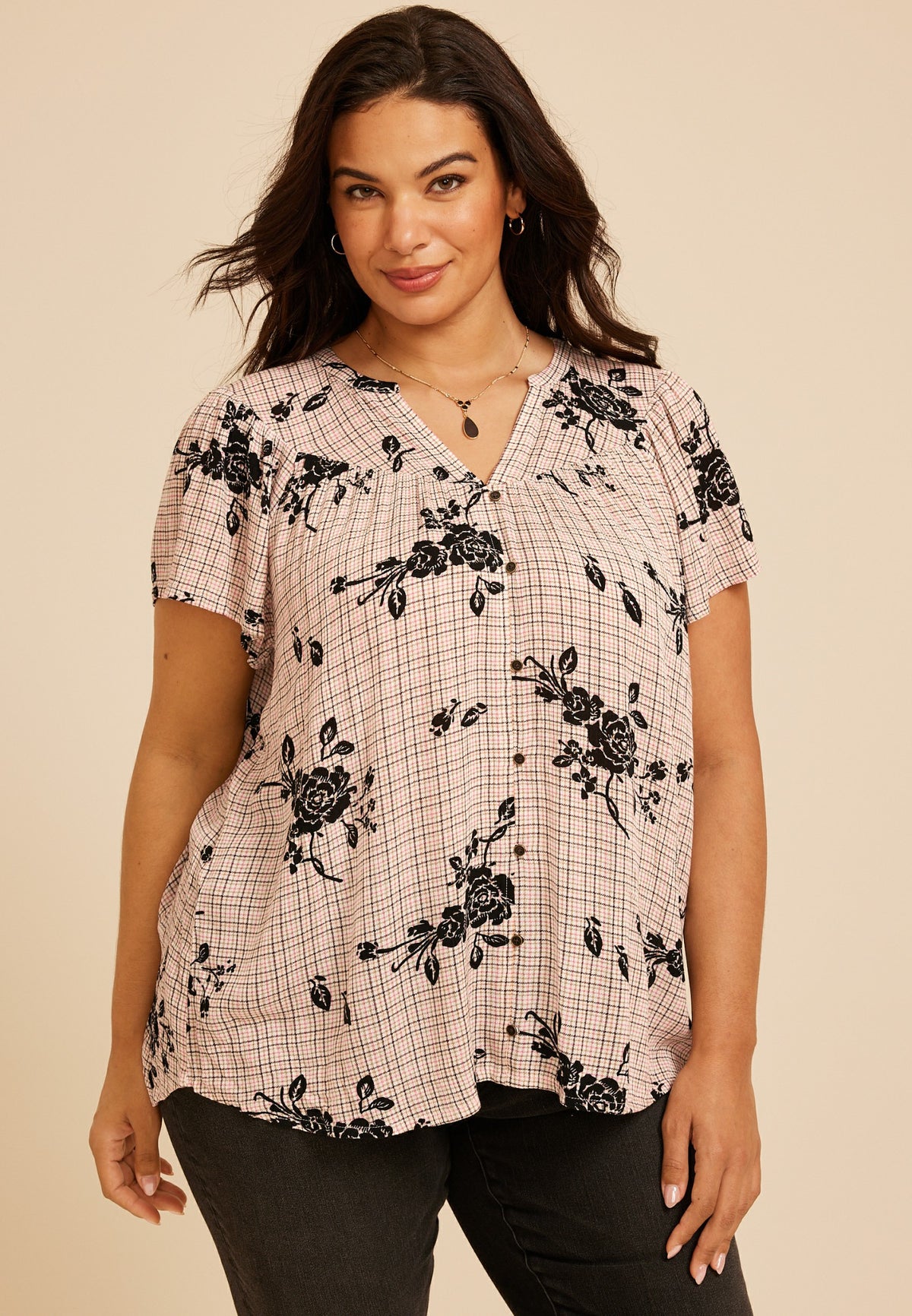 Plus Size Floral Plaid Flutter Sleeve Blouse