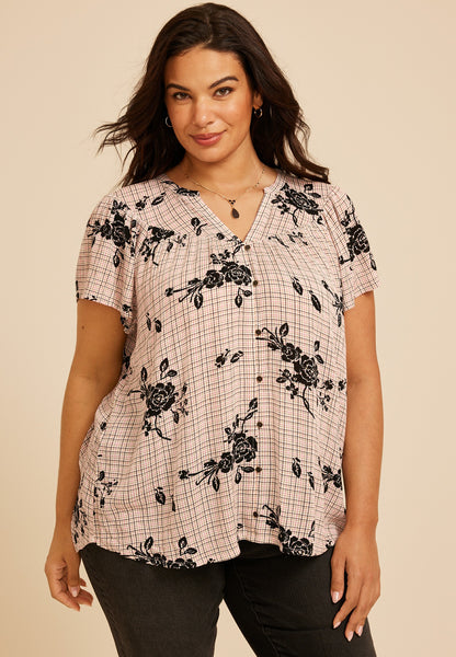 Plus Size Floral Plaid Flutter Sleeve Blouse