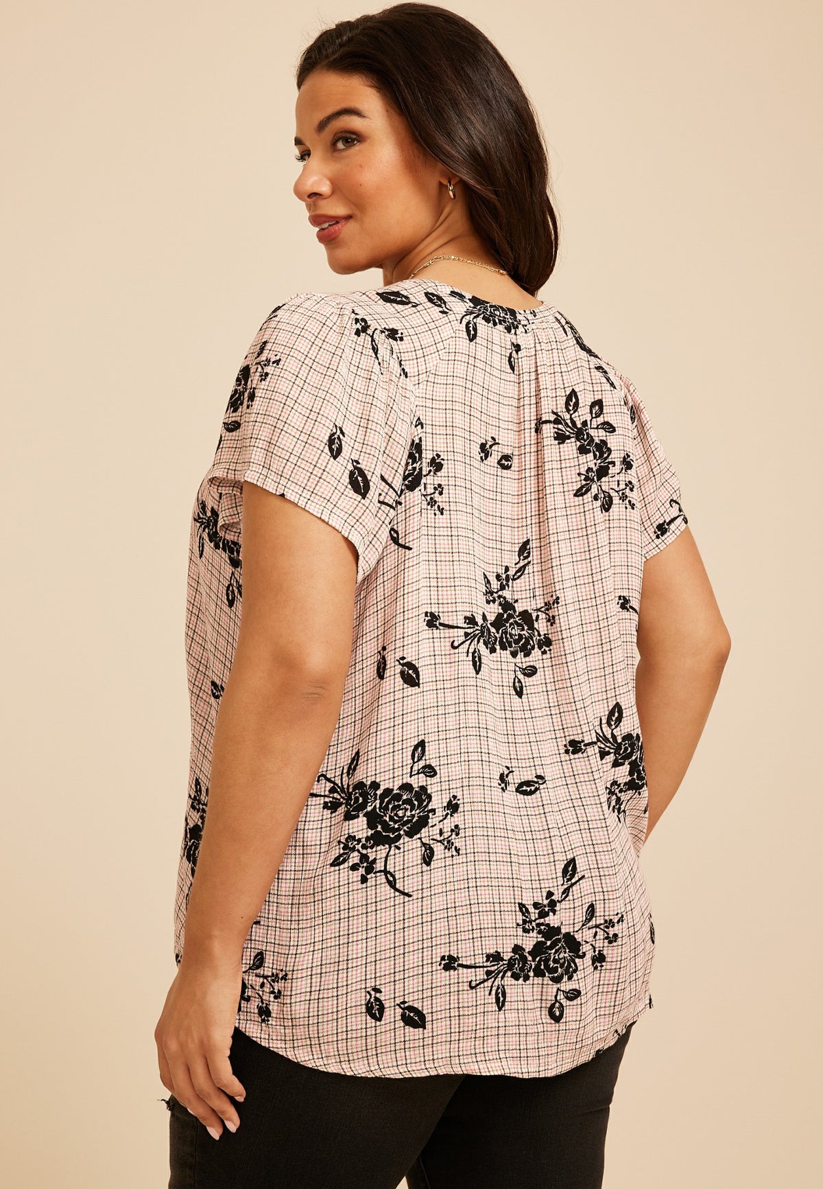 Plus Size Floral Plaid Flutter Sleeve Blouse