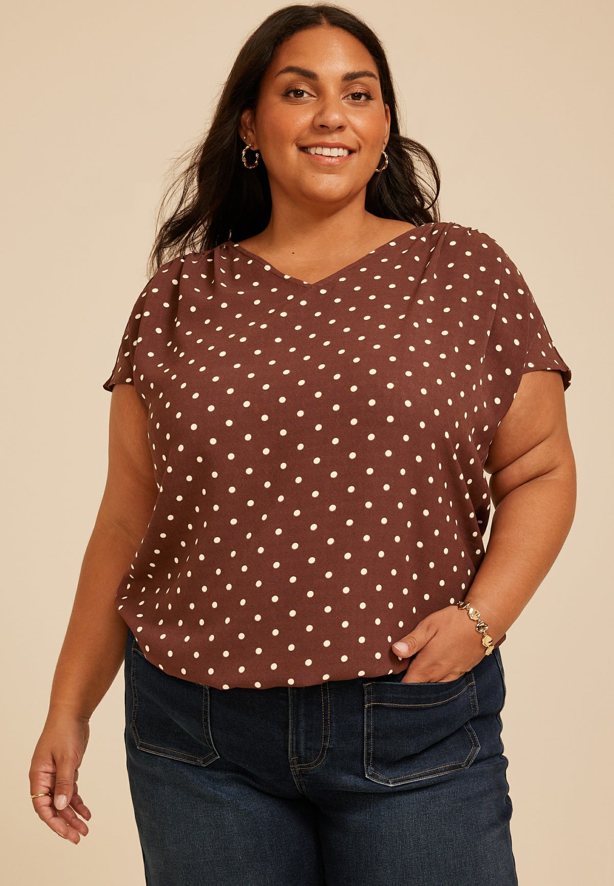 Plus Size Polka Dot Dolman Short Sleeve Blouse