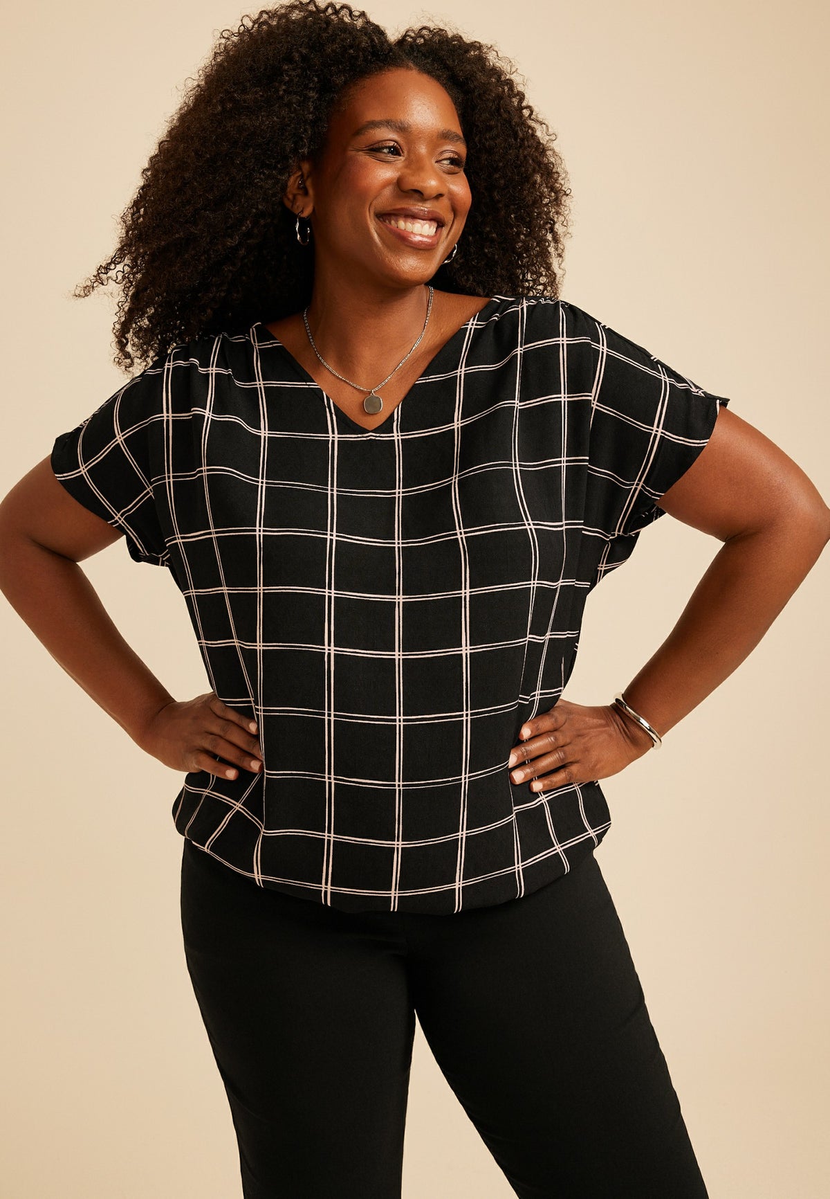 Plus Size Windowpane Plaid Dolman Short Sleeve Blouse