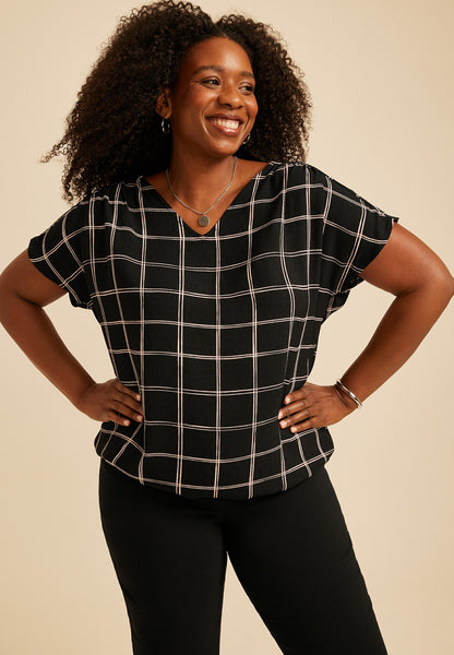 Plus Size Windowpane Plaid Dolman Short Sleeve Blouse