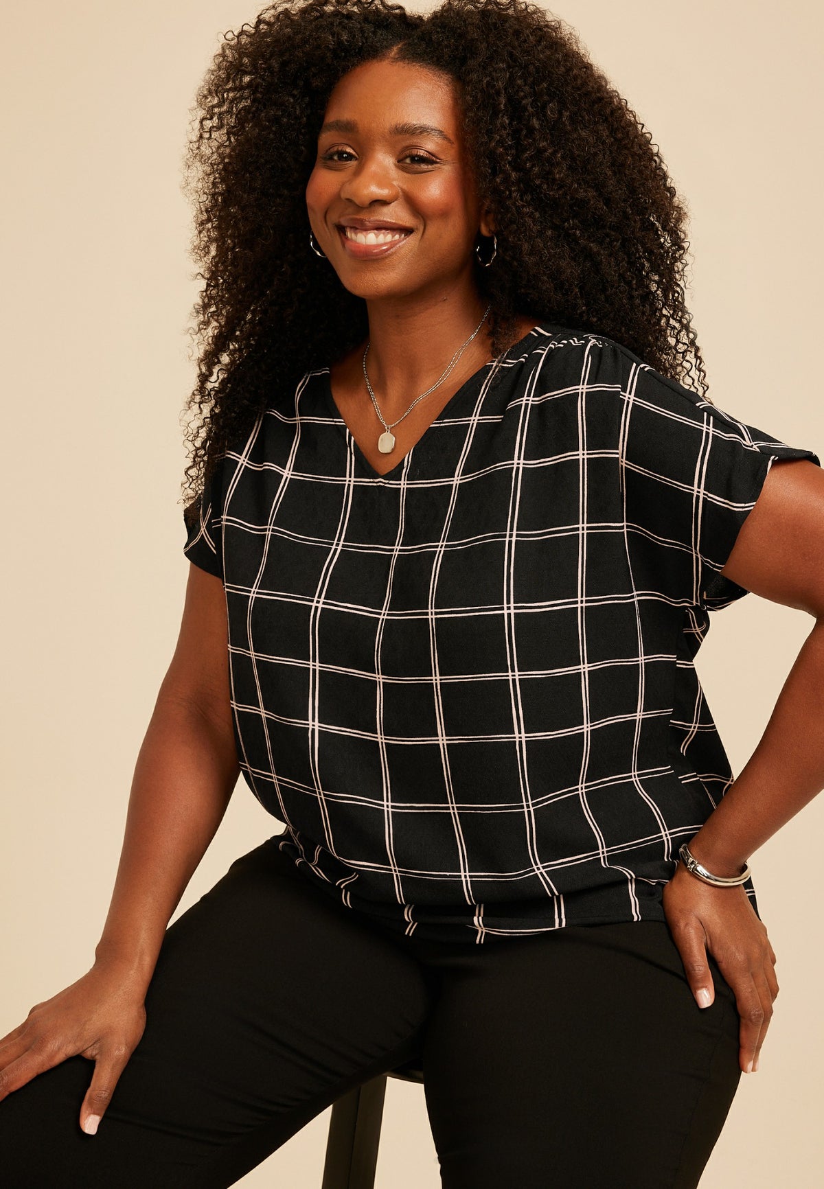 Plus Size Windowpane Plaid Dolman Short Sleeve Blouse