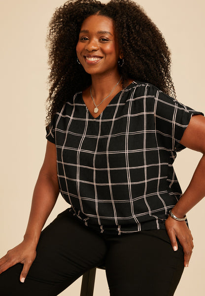 Plus Size Windowpane Plaid Dolman Short Sleeve Blouse