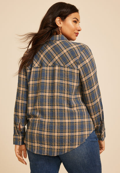 Plus Size Pucker Plaid Button Down Shirt