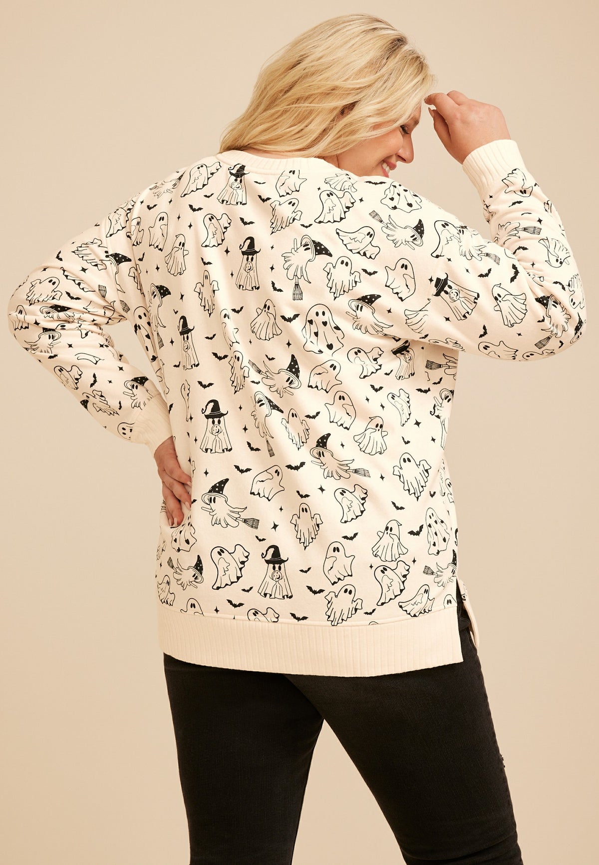 Plus Size Willowsoft Halloween Ghost Print Sweatshirt