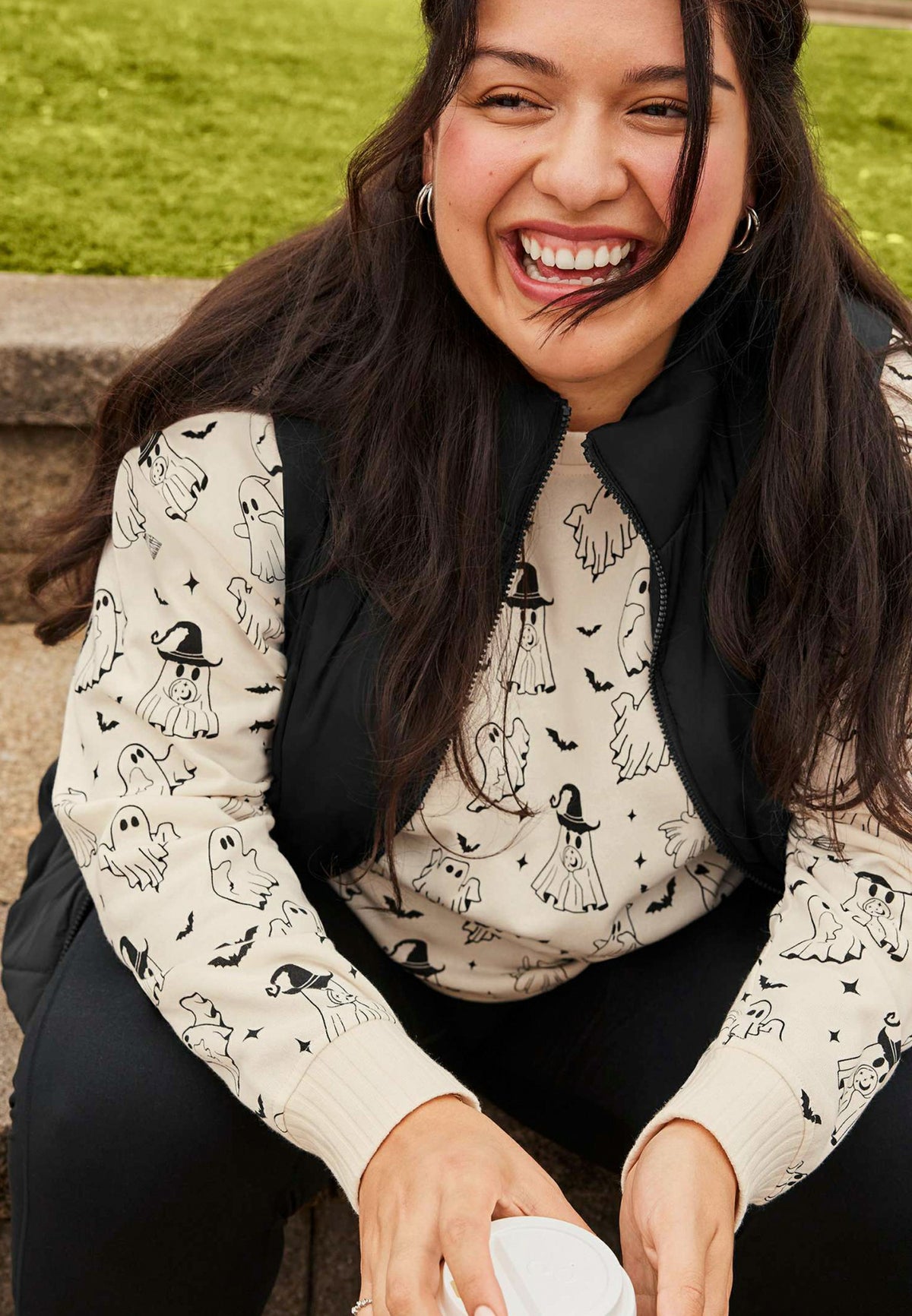 Plus Size Willowsoft Halloween Ghost Print Sweatshirt