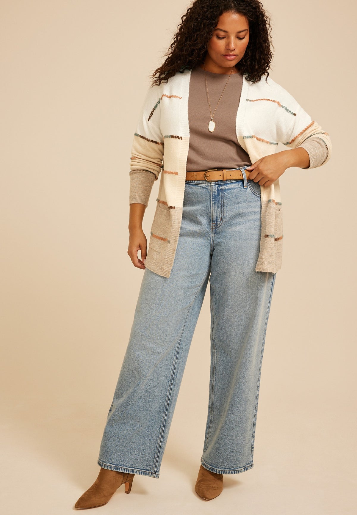 Plus Size 90s Colorblock Whipstitch Open Front Cardigan
