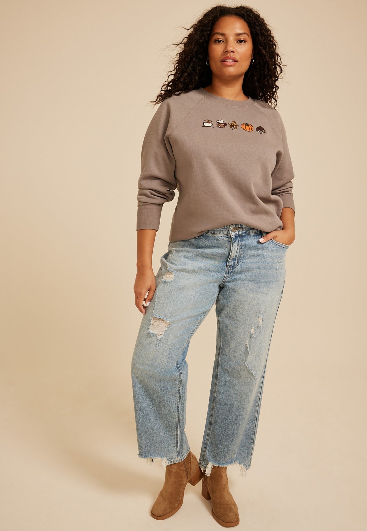 Plus Size Fall Icon Embroidered Graphic Sweatshirt