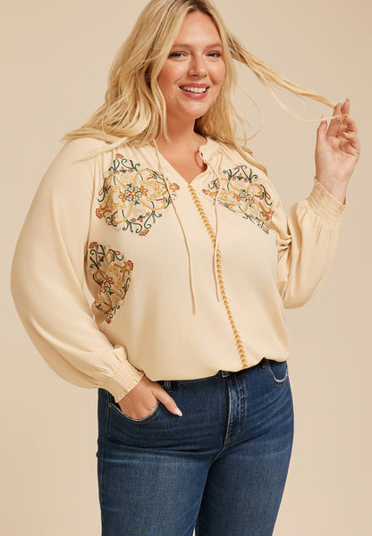Plus Size Embroidered Tie Front Peasant Blouse
