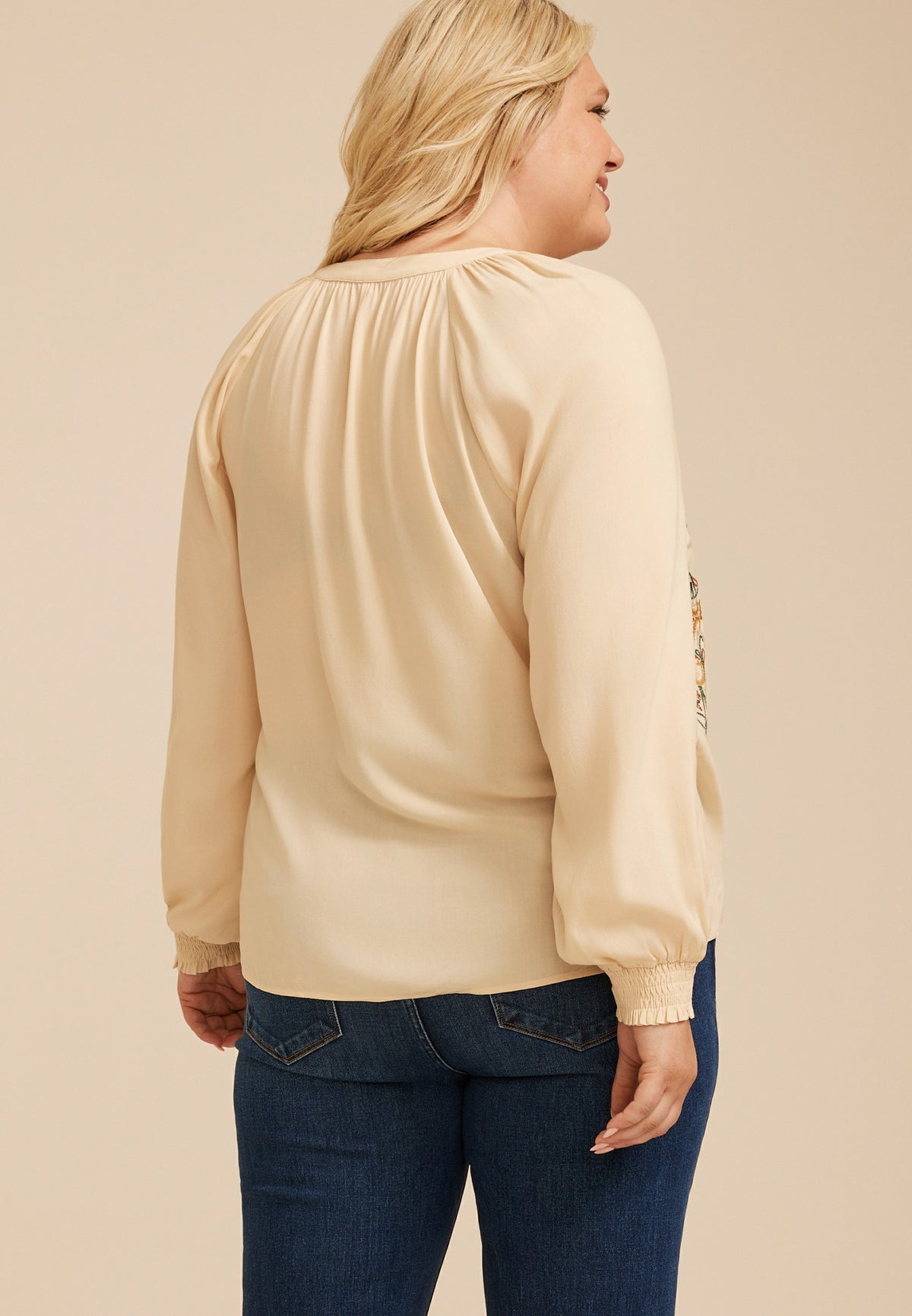 Plus Size Embroidered Tie Front Peasant Blouse