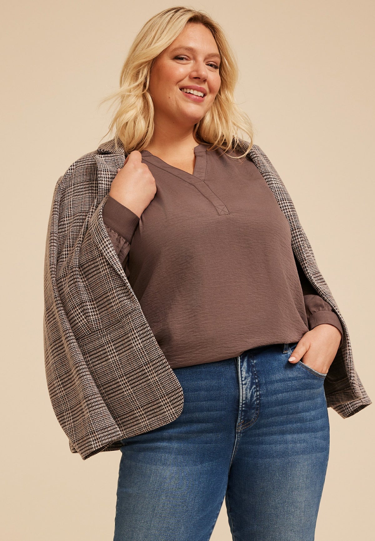 Plus Size Split Neck Cinched Back Blouse