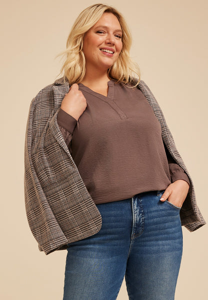 Plus Size Split Neck Cinched Back Blouse