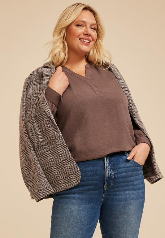 Plus Size Split Neck Cinched Back Blouse