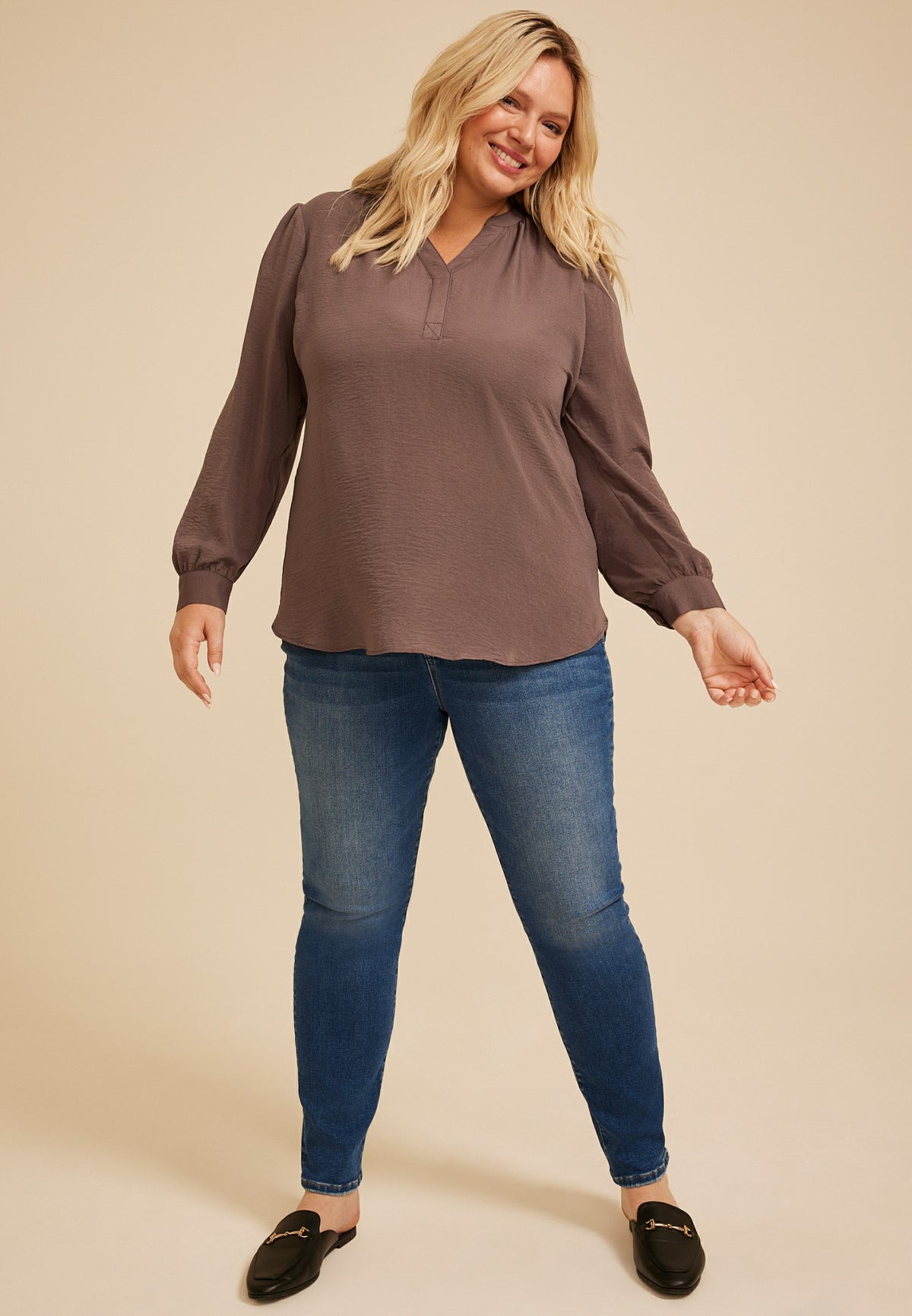 Plus Size Split Neck Cinched Back Blouse