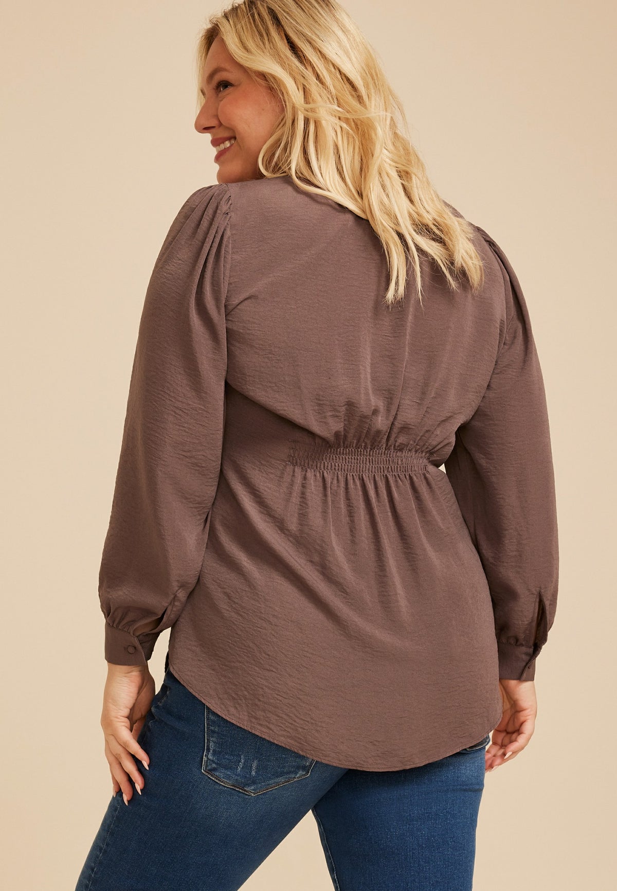 Plus Size Split Neck Cinched Back Blouse