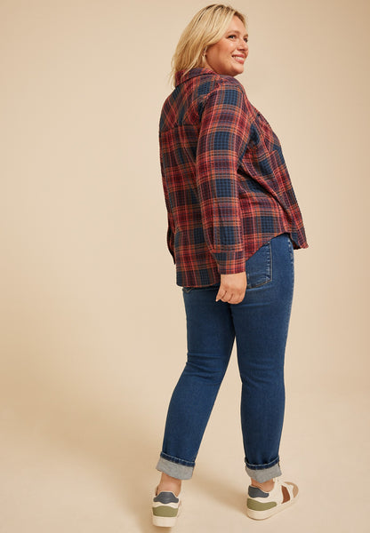 Plus Size Pucker Plaid Button Down Shirt