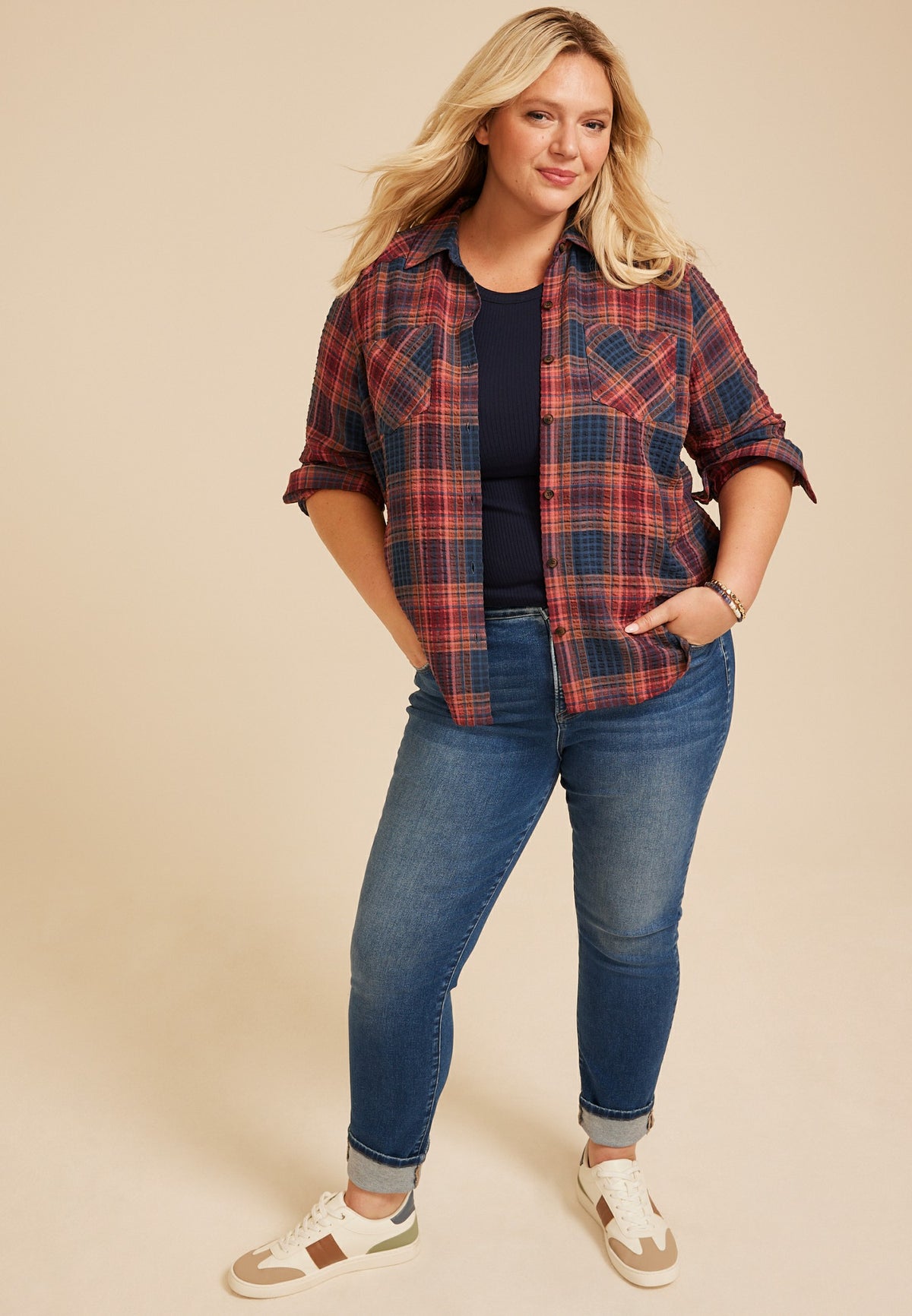 Plus Size Pucker Plaid Button Down Shirt