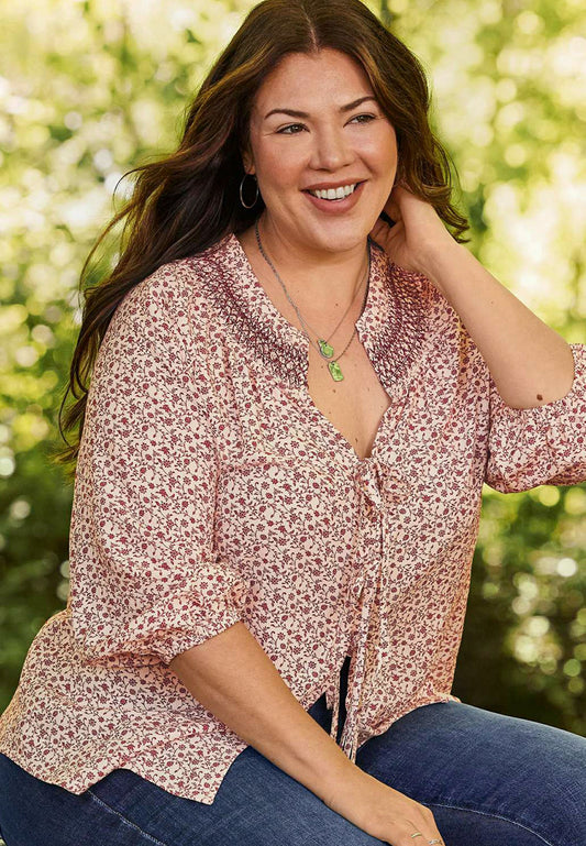 Plus Size Floral Tie Front Peasant Top