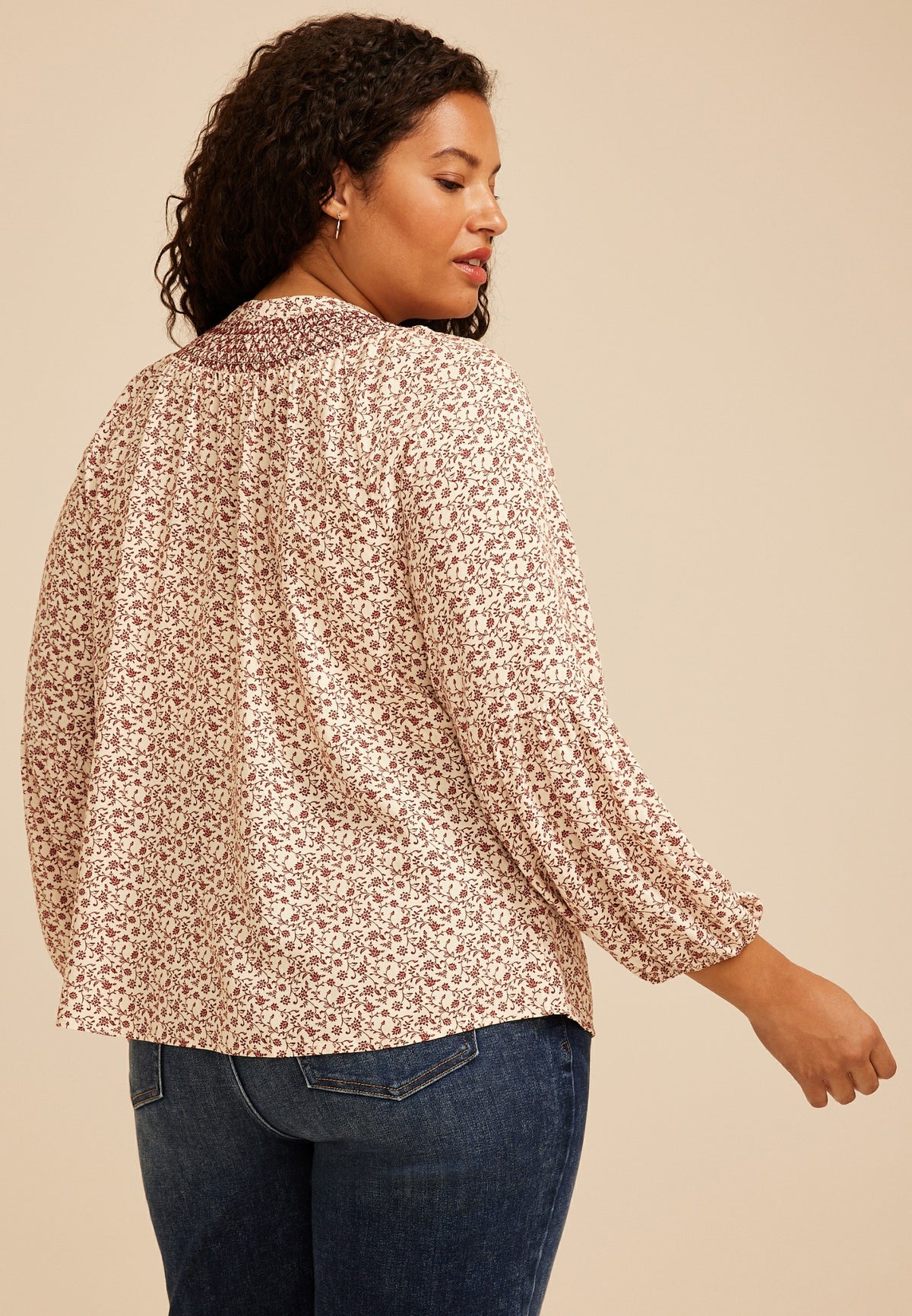Plus Size Floral Tie Front Peasant Top