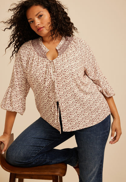 Plus Size Floral Tie Front Peasant Top