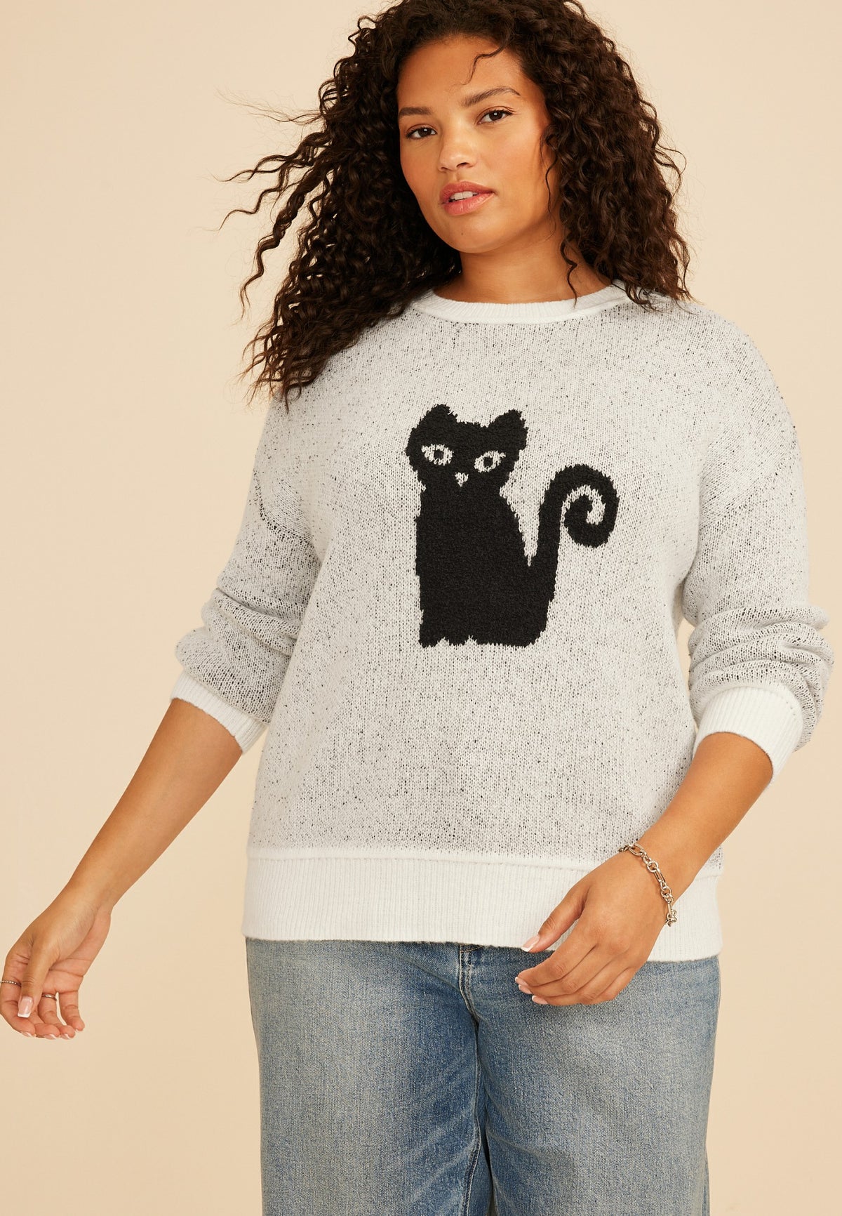 Plus Size Black Cat Icon Crew Neck Sweater